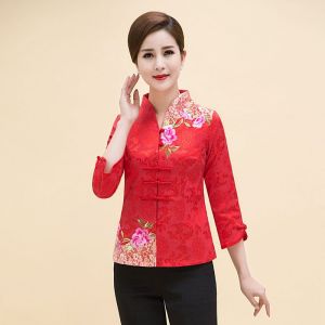 New Womens Hanfu Tang Costume Summer Seven-Sleeve Top Chinese Style Reformed Cheongsam Fashionable Mommy Clothes Cotton V-neck Slim Fit