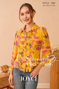 7045 เสื้อเชิ้ตแขนยาว ชีฟองพิมพ์ลาย กระดุมหน้า มีซับในเย็บติด อก 36-44" by PENNY CLOTH