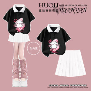 Girls Cotton POLO Shirt Short Skirt Set Summer New Cartoon Little Baqiyi Two-piece Set Trendy Short Sleeve Pure Cotton Outfit