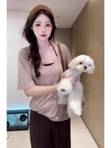 YUEZHONGWEI | Áo thun tay ngắn cổ chữ U dáng rộng mùa hè cho nữ phong cách Hàn Quốc thường ngày tay lửng dáng ôm vừa vặn