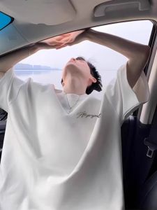 เสื้อยืดแขนสั้นผู้ชาย 100% ผ้าฝ้ายแท้ สไตล์อเมริกัน ทรงหลวม ลำลอง แฟชั่นสตรีท แขนกุด คอกลม ลายตัวอักษร เสื้อผ้าทำงาน