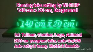running teks 140x20 cm setting by Wi-Fi HP outdoor indoor waterproof isi tulisan gambar logo tanggal hari jam auto On/Off auto redup terang. produksi Doso Solo LED