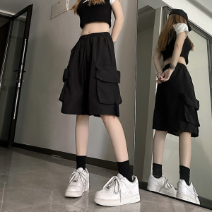 Women korean casual shorts cargo pants loose solid color sports minimalist style drawstring shorts