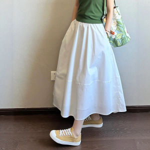 White High Waist Midi Skirt Women Summer Loose A-Line Umbrella Skirt Flared Casual Korean Style plus Size Solid Color