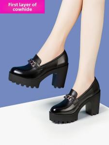 Zhuonila Autumn Winter New Style Thick Heel Real Leather Comfortable Mom Shoes Waterproof Platform High Heel Cheongsam Show Deep Mouth Single Shoes Women