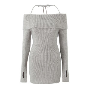 Pure Desire French Atmosphere Knitted One-Shoulder Slim Fit Bodycon Dress Wrap Neckline Bodycon Skirt Long Sleeve Short Dress