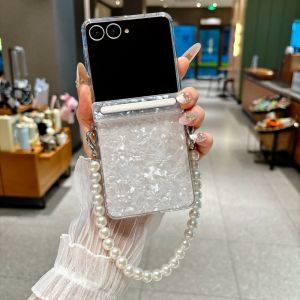 For Samsung Galaxy Z Flip 8 7E 7 6 5 Luxury Shell Pattern Pearl Bracelet Case With Wrist Chain Hard Acrylic Shockproof Cover
