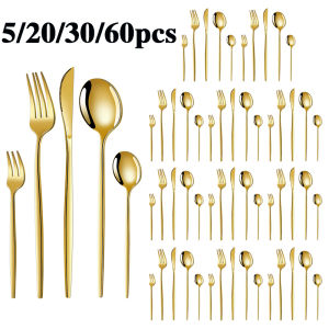 5/20/30/60pcs cross-border stainless steel cutlery set luxurious gold Portuguese cutlery suitable for holiday parties.