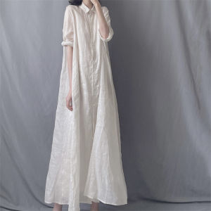 Autumn 2025 New Womens Artistic Loose Linen Long Shirt Dress Turn-down Collar Drifting Elegance Dress Casual Style A-line Skirt