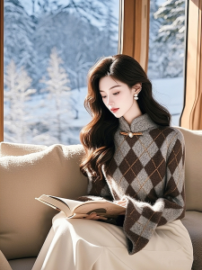 Mens Winter Knitwear Grey Coffee Color Diamond Patterned Stand Collar Inner Wear Womens Fashionable Chinese Style Sweater