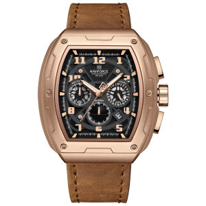 NAVIFORCE 8053 Fashion Leisure Sport Waterproof Men Quartz Writswatch Date Luminous Pointer Leather Strap Zinc Alloy Case Barrel Shape Dial Design Man Chronograph