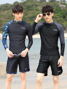 Mens Full Set Swimming Suit Long Sleeve Five-Part Beachwear Sunscreen Casual Surfing Costume Complete Swimming Equipment
