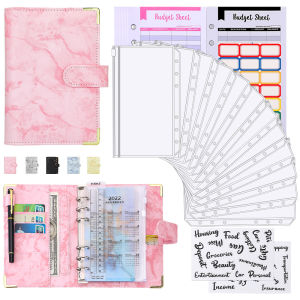 Budget Binder Money Organizer A6 PU Leather Budget Binder Set With Ziplock Envelopes 28 Pcs (Blue/Pink/Grey/Black)