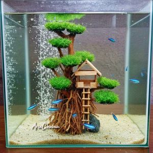 hiasan aquarium aesthetic aquascape rumah pohon sintetis include moss