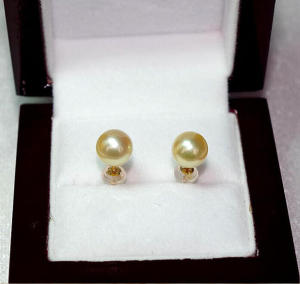 Japanese Sea Akoya Pearl Stud Earrings Strong Light Champagne Gold Feather King Gold Color Ling Beads Earrings 18K Gold Bead Earrings