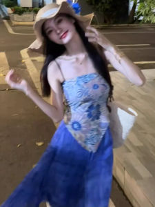 chaqi | Áo ba lỗ hở lưng họa tiết hoa mùa hè màu xanh lam cổ điển thường ngày cho nữ Áo ba lỗ không dây Áo chui đầu vải polyester