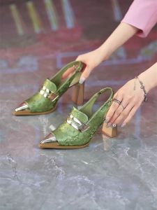 National Style Pointed Toe Fashion Color-block with Skirt Heels Summer Celebrity Block Heel Back Space Embroidered Toe Sandals