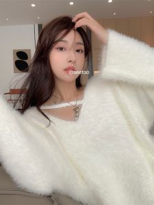 French Soft Glutinous Mink Fur Knitwear Sweater Female Autumn and Winter Gentle and Comfortable V-neck Outerwear Loose Tops Tide