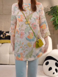 UYFY | Floral Print Round Neck Midi Shirt Womens Summer New Style Slimming Trendy Design Casual Loose Fit Top For Middle-Aged Ladies