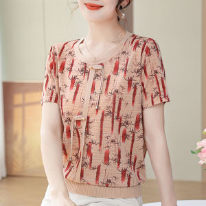 Ice Silk Short Sleeve T-Shirt Womens Fashionable Two-Piece Set for Middle-Aged And Elderly Summer Clothing Moms Summer Wear