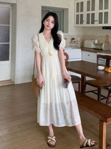 White A-Line Dress Womens Summer 2024 New French Style Loose Sweet Gentle First Love Skirt Commute Short Sleeve V-Neck City Walk