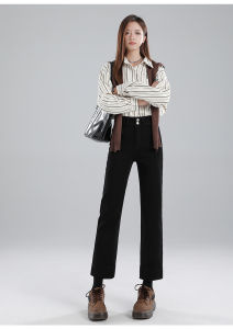 Deep Blue High Waist Straight Leg Jeans Womens Retro Slim Fit Nine Point Original Color Smoked French Bread Pants