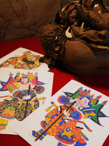 ป้ายต้อนรับปีใหม่ ป้ายติดประตูเทพปกรณ์ปีใหม่ ภาพวาดปีใหม่ สไตล์จีนดั้งเดิม พื้นผิวติดผนัง กระดาษเยื่อไม้ไผ่สีเขียวหยก