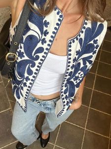 HH Woman Cropped Flower Embroidery Vest Vintage V Neck Sleeveless Cardigan Waistcoat Shirt Chic Tops Summer Womens Clothing