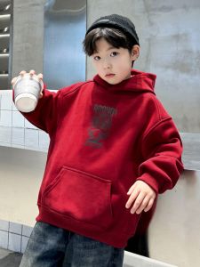 เสื้อฮู้ดบุขนแกะสีแดงหนาสำหรับเด็กชาย เสื้อฮู้ดผ้ากำมะหยี่ฤดูใบไม้ร่วง ฤดูใบไม้ผลิ ฤดูหนาว เสื้อผ้าเด็กชาย แฟชั่นฤดูใบไม้ร่วง