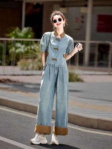 Fashionable Summer Denim Wide Leg Pants Set Womens New 2025 Stylish Chinese National Style Button up Top Two Piece Set