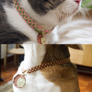 Handwoven Breathable Soft Brass Leather Pet Collar for Dogs And Cats Lightweight with Deep Engraving Anti-Lost Tag