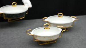 ✅Oval White Gold Nordic Ceramic Food Warmer Luxury Chafing Dish Casserole Serving Buffet Glass Cover