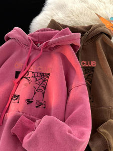 เสื้อสเวตเตอร์ฮู้ดบุขนแกะสีชมพูสำหรับผู้ชาย ฤดูใบไม้ร่วง/ฤดูหนาว สไตล์ย้อนยุคแบบอเมริกัน ทรงหลวม แจ็คเก็ตทรงโอเวอร์ไซส์ เสื้อผ้าทำงาน