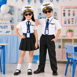 LOlanta 6Pcs Kids Pilot Costume Boys Girls Airline Captain Uniform for Career Day Sunglasses Pilot Hat Accessories Halloween Costume 4-13Years