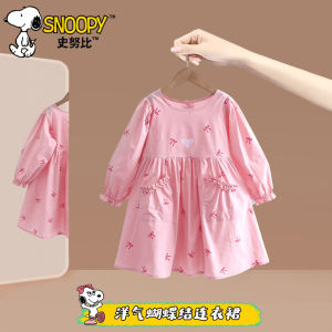 Snoopy Princess Style Cotton Dress for Girls Spring Fashionable Bubble Sleeve Midi Skirt Machine Washable Childrens Clothing