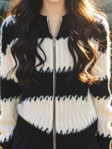 WANGGONGZHU | Fashionable Black White Color Block Zipper Sweater Womens Autumn Winter Slimming Open Cardigan Korean Style Commute Wind