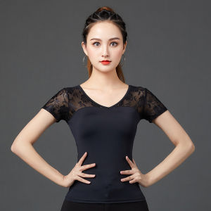 Fashion Lace Square Dancer Adult Latin Dance Black Mid Sleeve Top