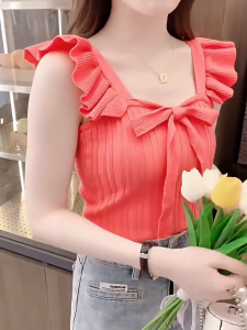 🦋 NLONKE Summer Women French Style Sleeveless Top Ruffle Edge Tank Top Solid Color Bow Knot Tank Top