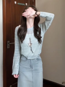 YUEZHONGWEI | Blue Hollow Out Lace Ice Silk Knitted Top Women Summer Thin Outerwear Loose Sun Protection Air Conditioning Cover Up Shirt