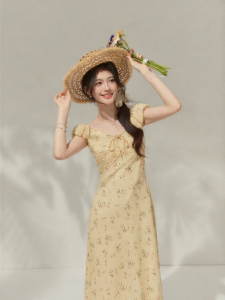 OUYANGXI | Đầm Hoa Tay Ngắn Màu Vàng Mới Mùa Hè