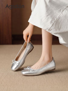 Agsdon | Silver Dress-matching Mary Jane Shoes Summer New Design Low-cut Leather Shoes with Bow