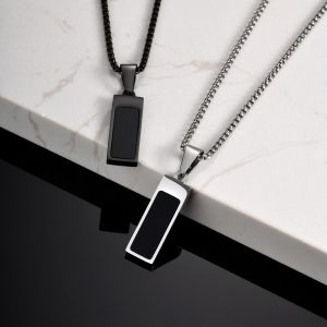 Kemstone Mens Stainless Steel Black Acrylic Rectangle Pendant Necklace
