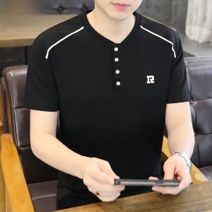 HENGYUANXIANG | Áo thun tay ngắn cổ chữ V cho nam mùa hè bằng lụa băng mỏng có nút thời trang thường ngày thường ngày thoáng khí