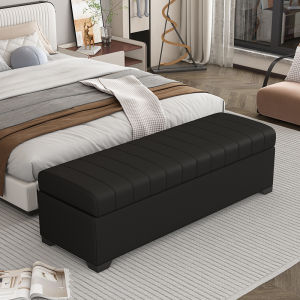 Luxury Leather Storage Bench Bedroom Sofa Bed End Living Room Entryway Hall Pure Color Wooden Frame High Load Capacity Bench