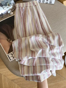 กางเกงขายาวทรงตรงผ้าไหมน้ำแข็งลายทางสำหรับผู้หญิงในช่วงฤดูร้อน กางเกงขายาวทรงหลวม ไซส์ใหญ่ กางเกงขายาวทรงหลวม กางเกงขายาวทรงหลวม