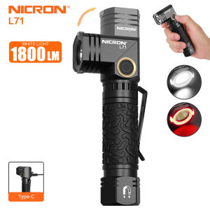 Nicron Flashlight L71Nicron 90 degree Twist with 1800lumens high brightness 314 long beam distance 18650 Rechargeable Type-c flashlight White & Red lighting Torchlight Portable Size For Ourdoor EDC hiking camping climbing
