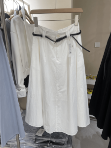 Spring Summer New Style High Waist Midi Cotton Skirt Womens Fashionable Belted A-Line Half Body Skirt Casual Pure Color