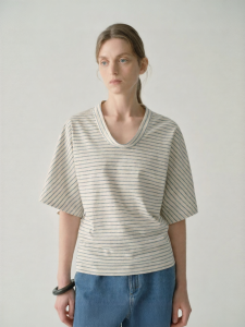 INSIS FEMME | Simple Elegant Stripe Relaxed U-Neck TENCEL Cotton T-shirt