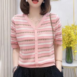 Dopamine Anti-Aging Short Sleeve Knitted Sweater Womens Summer 2024 New Striped Pink Floral Top plus Size V-Neck Cardigan