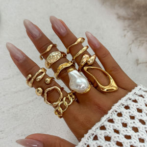 Ingemark 12Pcs/Set Vintage Imitation Pearl Water Drop Open Rings for Women Goth Irregular Geometric Ring Wedding Finger Jewelry